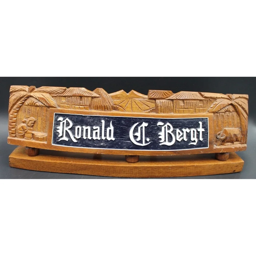 Vintage Hand Carved Balinese Wood Name Plates Desk Signs Custom Names Set of 2